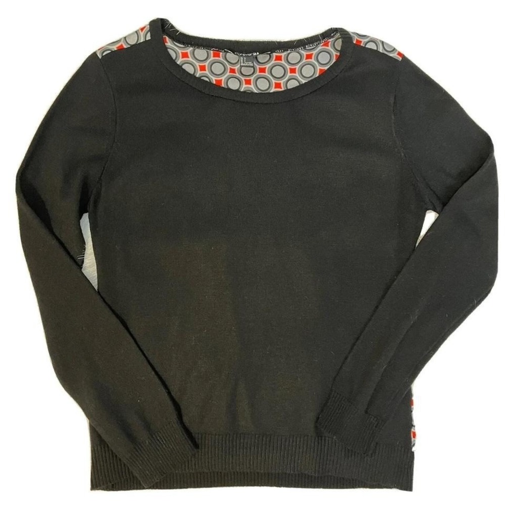 Forever 21 Vintage Y2K Black Red Mixed Media Knit Sweater Geometric Print Back L - Picture 6 of 7